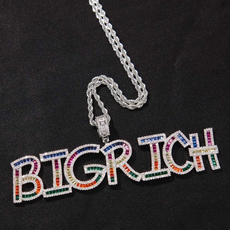 Custom Multi-color Baguette Stones Name Pendant in White Gold