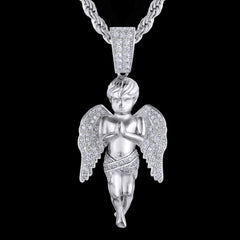 Iced Out Mens Angel Pendant Necklalce in 14K Gold/White Gold