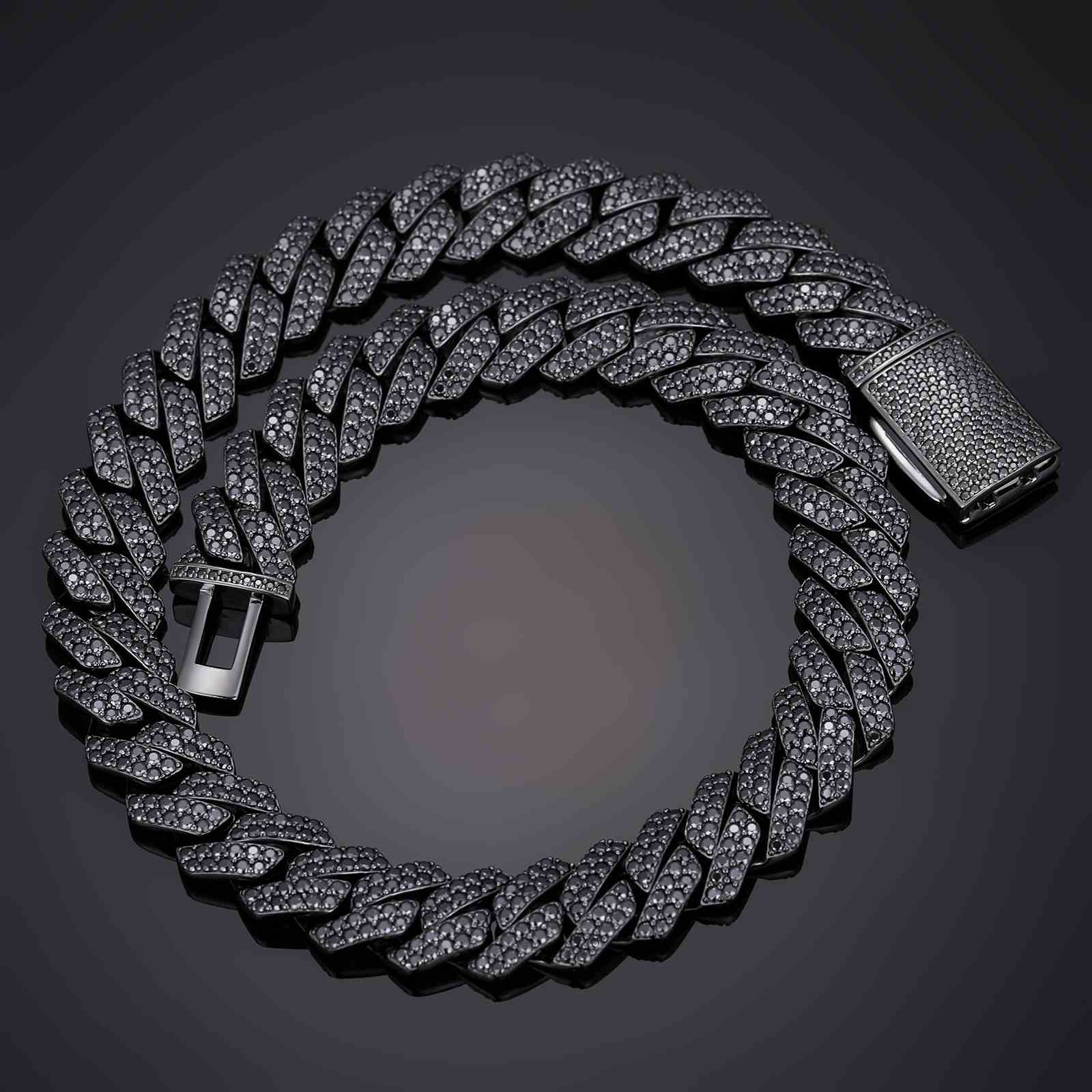 14mm S925 2 Rows Black Moissanite Cuban Link Chain