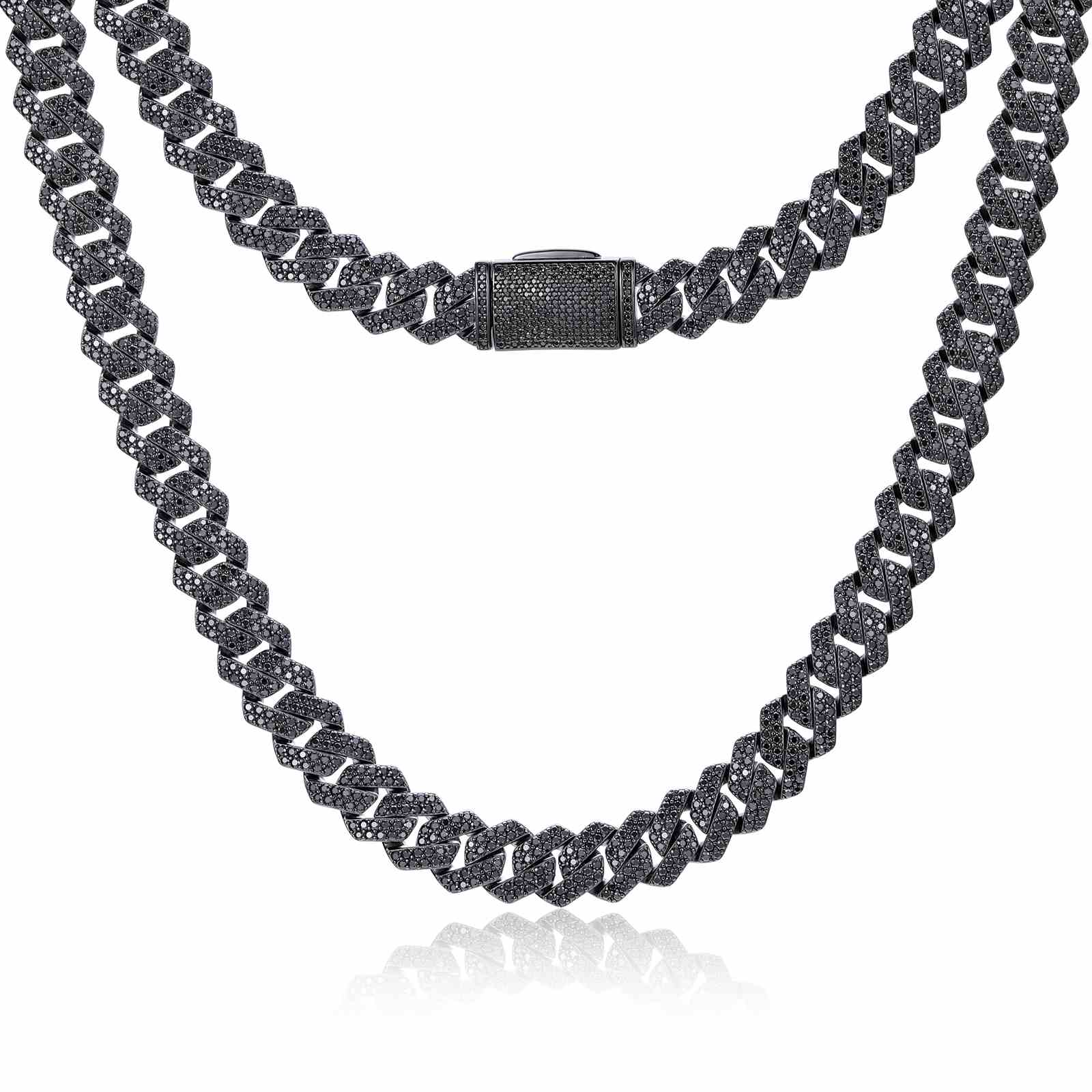 14mm S925 2 Rows Black Moissanite Cuban Link Chain