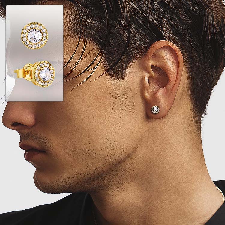 S925 Round Iced Sterling Silver Stud Earrings for Men