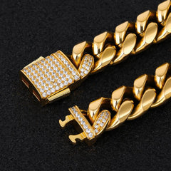 Diamond Clasp Miami Cuban Link Chain (12mm) in 18K Gold for Men's