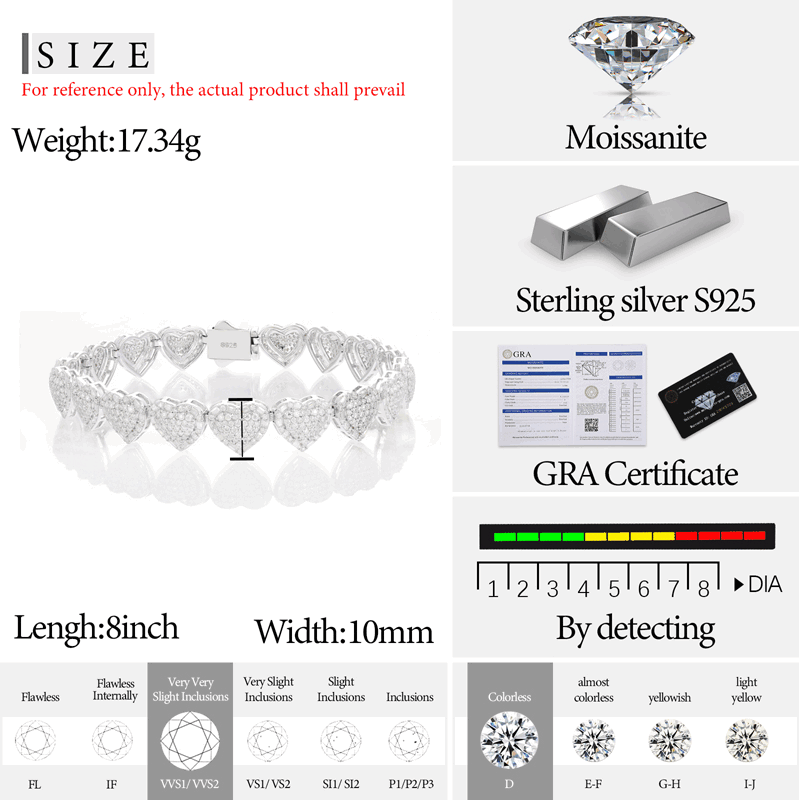 10mm S925 Moissanite Heart Tennis Bracelet