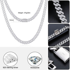 12mm S925 2 Rows Moissanite Cuban Link Chain