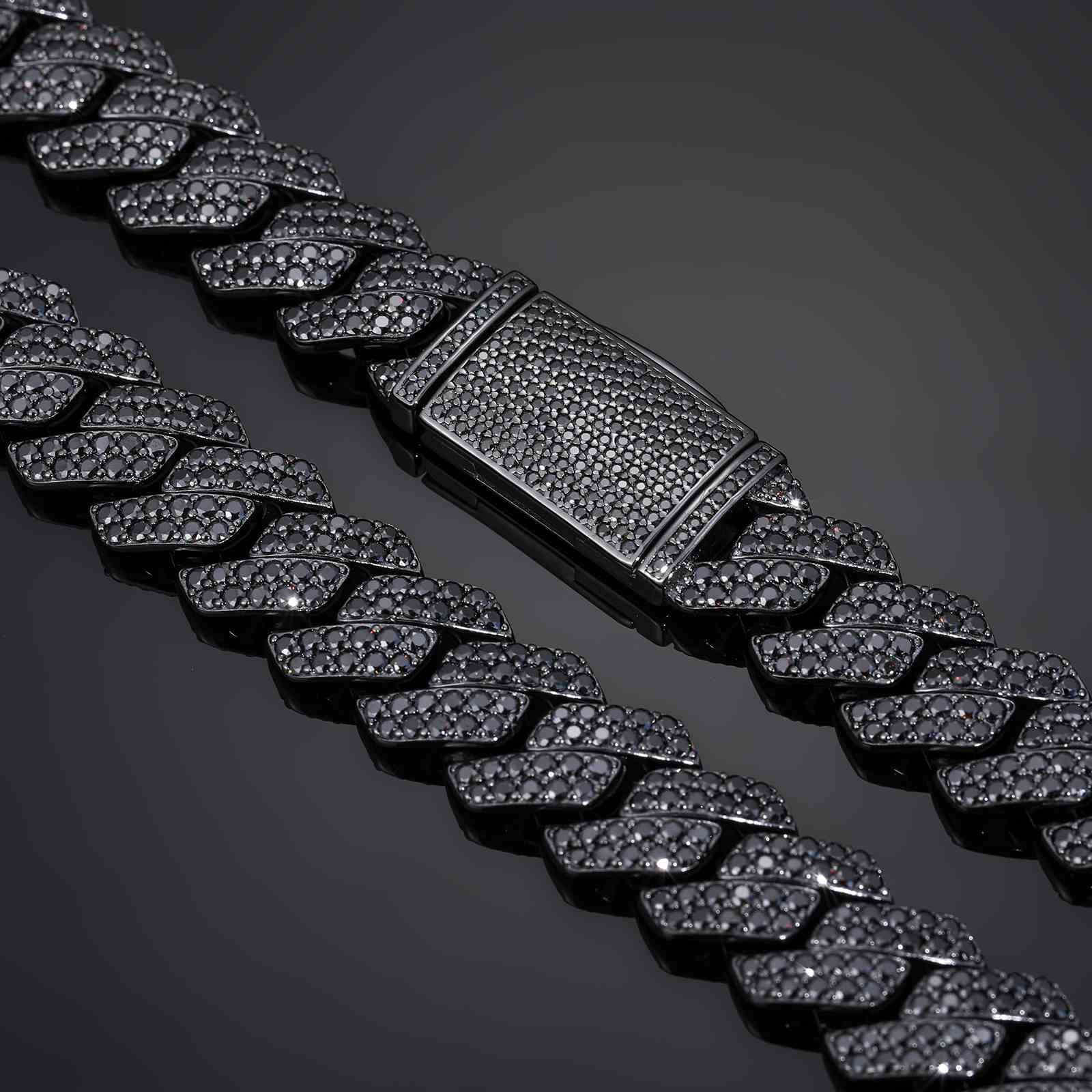 14mm S925 2 Rows Black Moissanite Cuban Link Chain